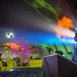SACO, ME - MAY 18: The Astrosphere, one of the icon attractions at Funtown Splashtown USA, has been coverted from an airform dome to a reinforced-concrete dome that will house a Scrambler ride that includes a lasers, light, and sound show. John Goulet operates the ride and light show from a control station on Saturday, May 18, 2019. (Staff photo by Derek Davis/Staff Photographer)
